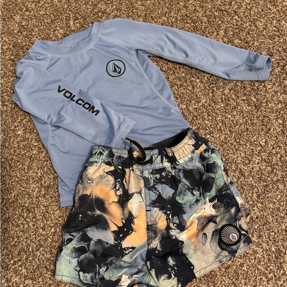 Volcom Light Blue Rash Guard with Abstract Shorts